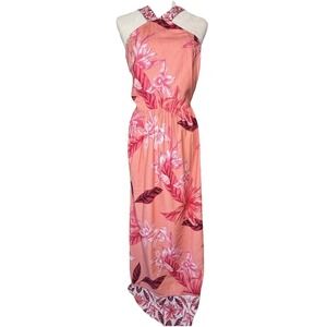 Venus Dress Maxi Halter Womens 16 Tropical Pink Print Linen Cotton Boho Resort